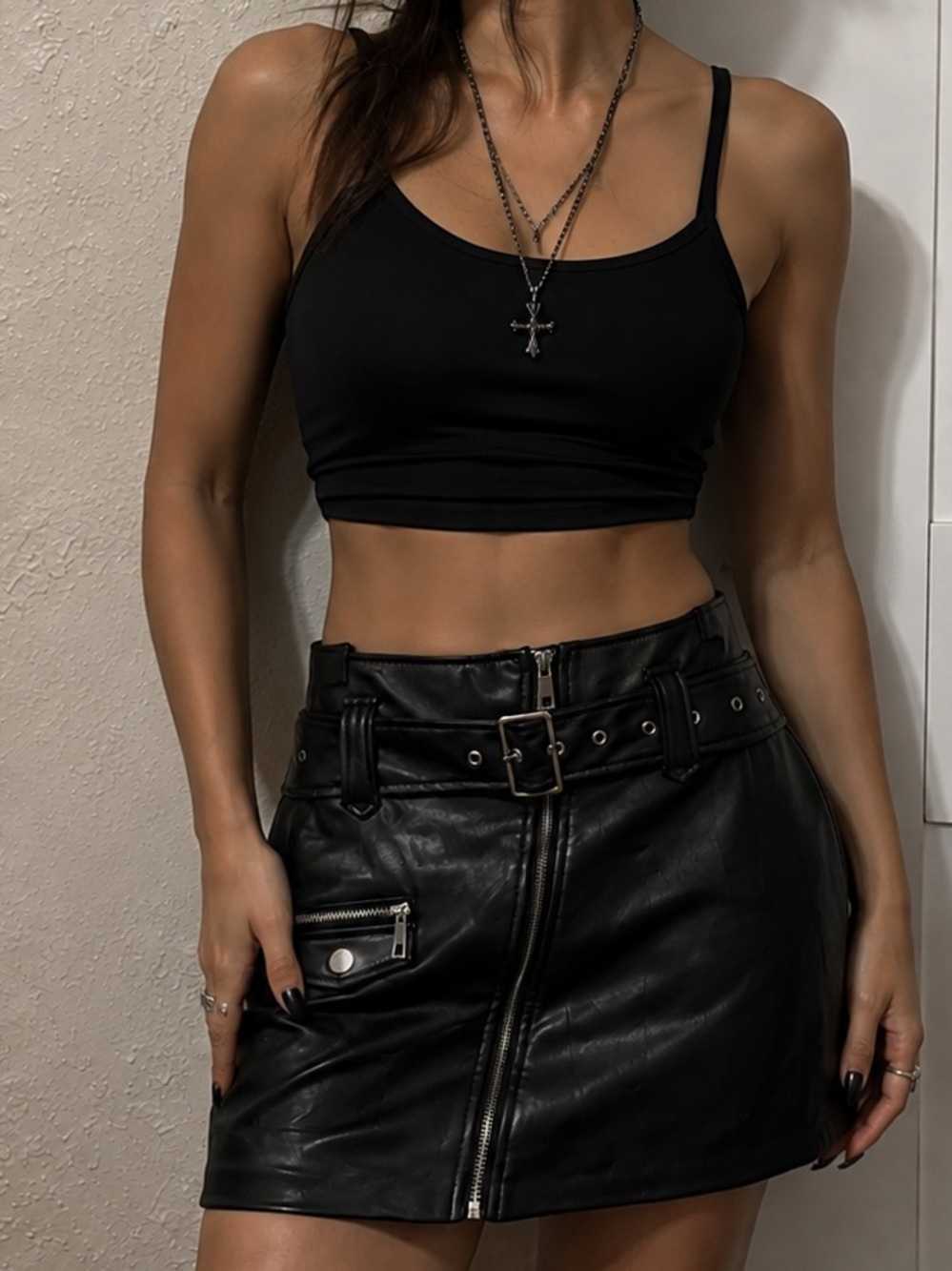 Zara Black Faux Leather Asymmetrical Zip Belted Mini Skirt Zipper